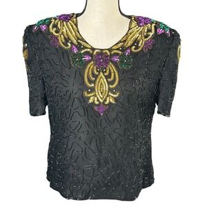 Vintage 80's Scala Mardi Gras Sequin Beaded Silk Shirt Sleeve Top Petite Size XL